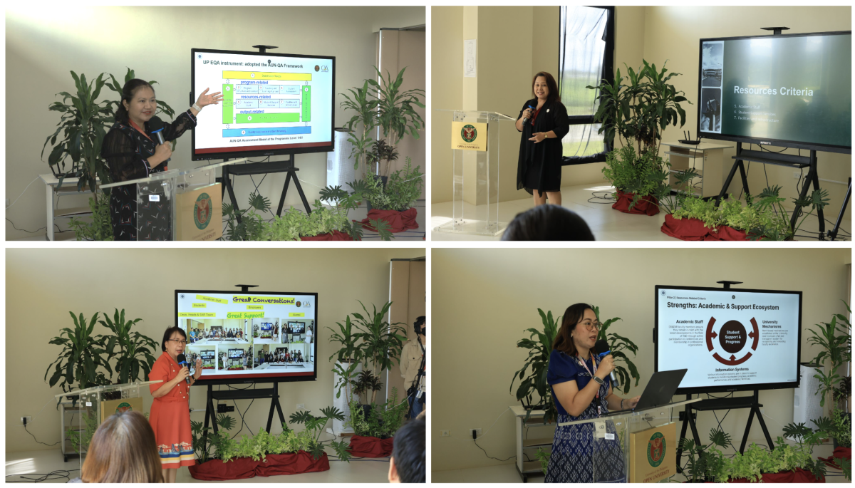 Reviewers present preliminary findings on the MIH and DR&DM programs. (top left) Leila S. Africa, MIH lead reviewer; (top right) Emely M. Amoloza, MIH external reviewer; (bottom left) Nina M. Cadiz, DR&DM lead reviewer; and (bottom right) Blancaflor P. Arada, DR&DM external reviewer.